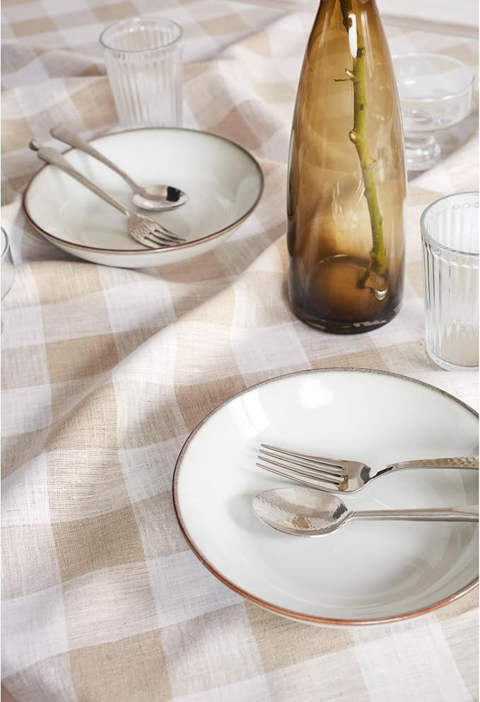 Solino Home Linen Checkered Table Runner 132 Inches Long - 100% Pure Linen Natural and White Buffalo Check Extra Long Table Runner 14 x 132 Inch Ideal for Dining, Winter, Spring, Easter