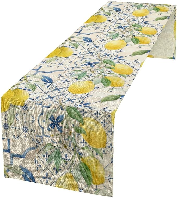 Vintage Lemon Table Runner, Watercolor Yellow Lemons Blue Tiles Spring Summer Seasonal Kitchen Dining Table Decoration for Indoor Outdoor Party, 13x70inch