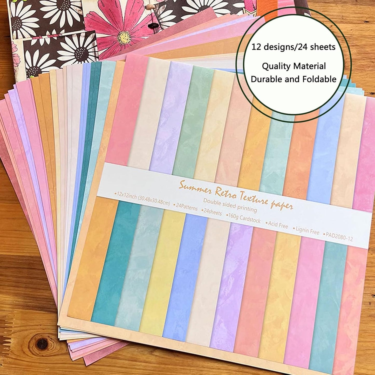 Scrapbook Paper 12x12 Solid Colors, 24 Sheets/24 Designs Double-Sided Colorful Summer Style Scrapbook Paper Pad, Decorative Paper for Junk Journals Greeting Cards Decoration (Summer, 12x12 in)