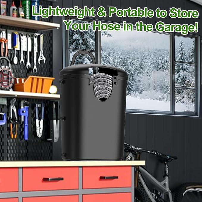 Riokko Garden Hose Holder Bucket, Hose Storage, Water Hose Storage for Outside, Hose Box Fits 25FT Heavy Duty/100FT Expandable/50FT Flat/50FT Stainless Steel Hoses, Hanging Handle & Drain Hole Design
