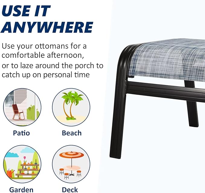 Outdoor Footstools for Patio,Textile Ottomans Metal Dining Footrests Stack Chairs for Lawn,Garden or Porch 2 Set Blue
