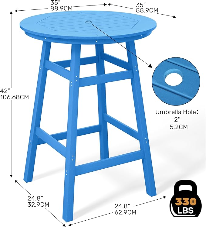Costaelm Patio Bistro Table, 42" Counter Height Round Patio Cocktail Bar Table with Umbrella Hole, Outdoor Bistro Dining Pub Table for Front Porch Deck Backyard Garden, Pacific Blue