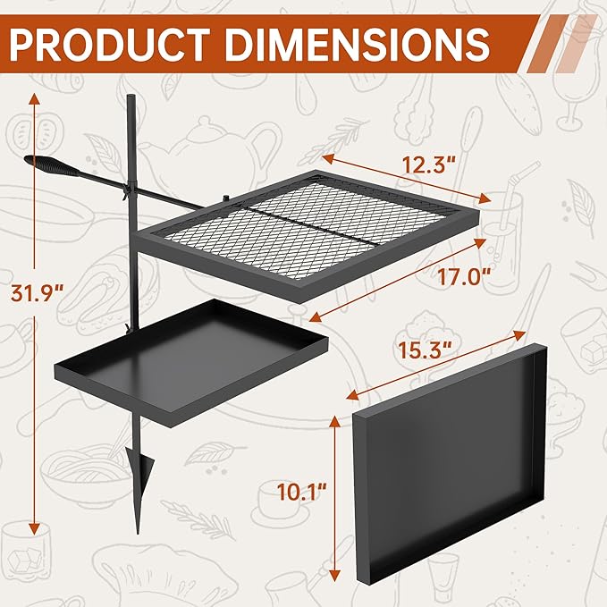 ABSCONDO Height-Adjustable Campfire Grill grate, Swivel Fire Pit Grilling Grate, Heavy Duty Portable Over Fire Cooking Grate with Handbag for Outdoor Camping Hiking Backpacking and Family Gatherings