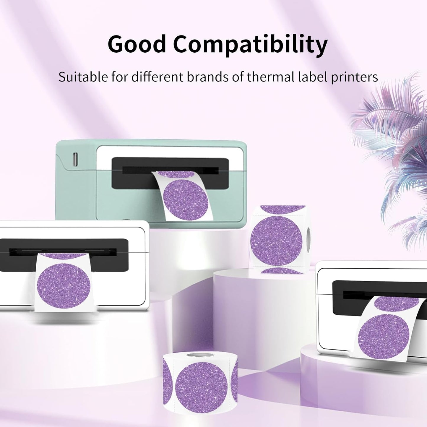 1.5" Holographic Direct Thermal Label Stickers, Round Printable Thermal Printer Sticker Labels for Gift Wrapping, Self-Adhesive- Glitter Purple