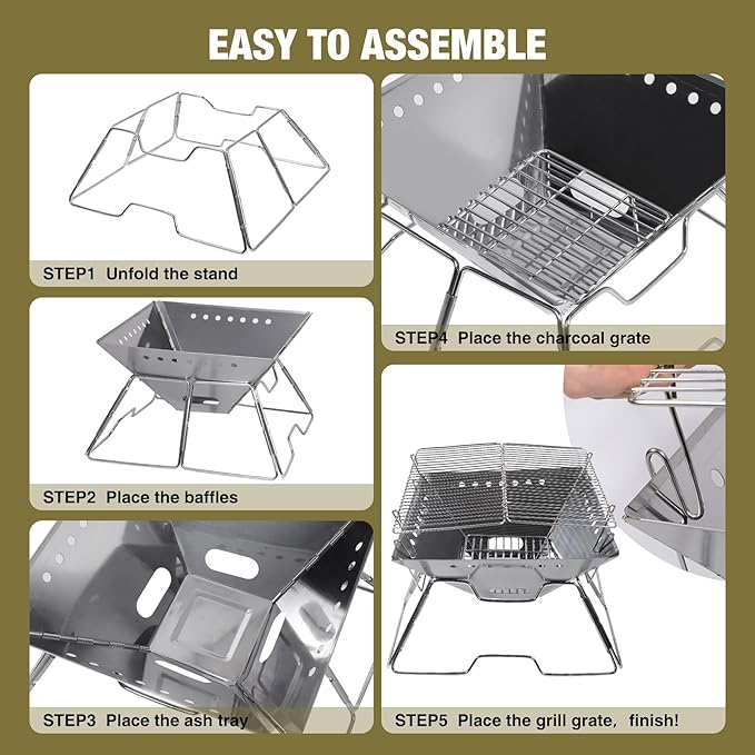 Lineslife Foldable Fire Pit with Grill for Camping Collapsible Portable Fire Pit with Campfire Grill & Tote Bag for Backyard, Patio, Picnic, BBQ