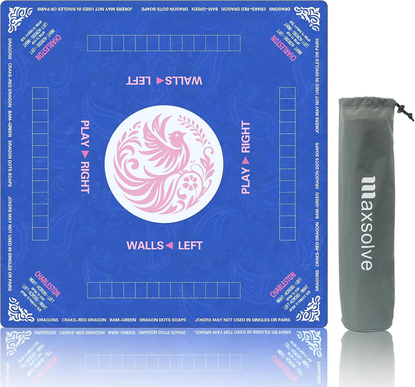 2025 Mahjong Mat, 31.5" x 31.5" Neoprene Mahjong Table Mat with Rules, Anti Slip & Noise Reduction Gaming Mat for Poker, Card, Dominoes, Board & Tile Games, Mahjong Gift with Carrying Bag - Blue