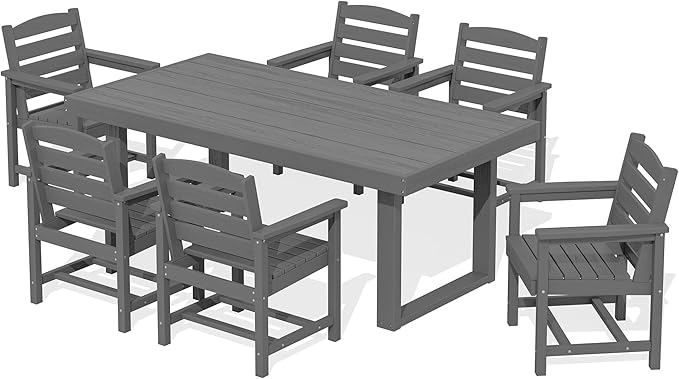 SERWALL HDPE Outdoor Dining Set for 6, 67'' All Weather Patio Dining Table and Chairs Set for Deck, Lawn, Gray