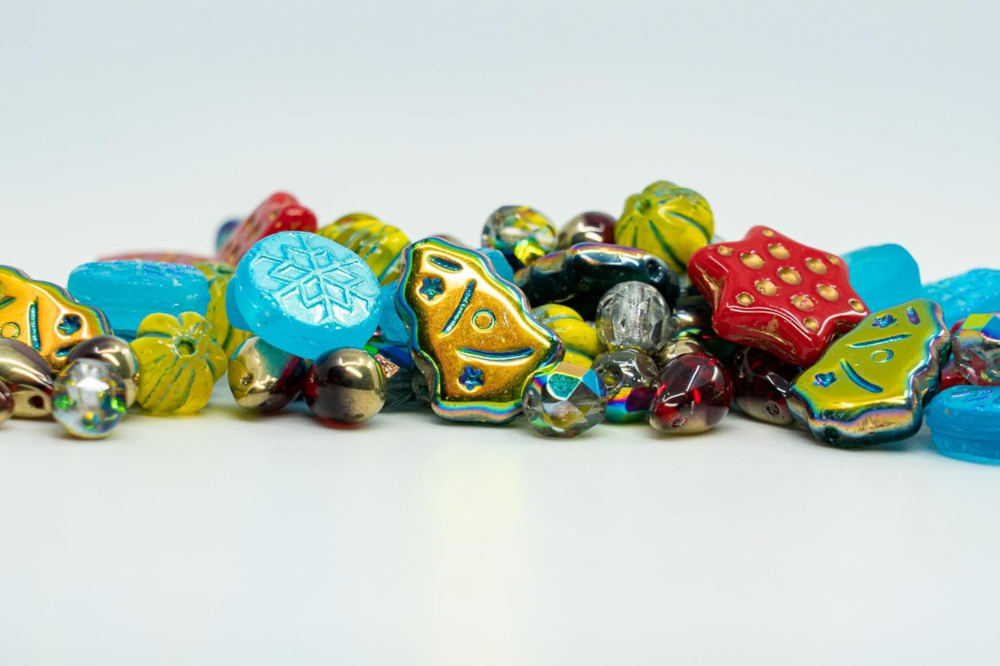 2.1oz (60g) of Christmas Czech Glass Bead Mix 2024 with Trees, Melons, Snowflakes and Faceted Beads, Dark Green Yellow Xmas