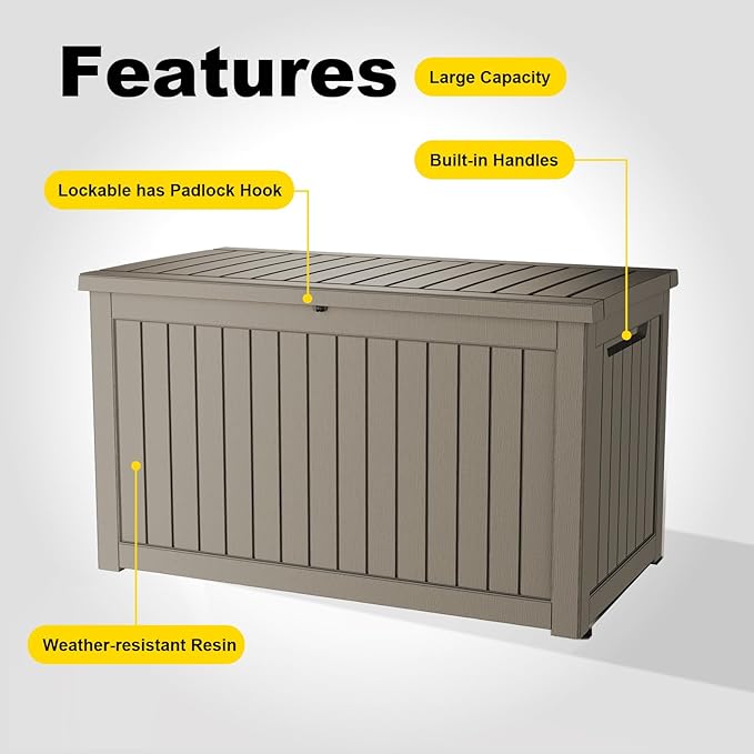 EasyUp 280 Gallon Outdoor Storage Box Waterproof, UV Resistant Resin Deck Box with Hydraulic Rod, Reinforced Stability for Patio, Garden, Striped Gray