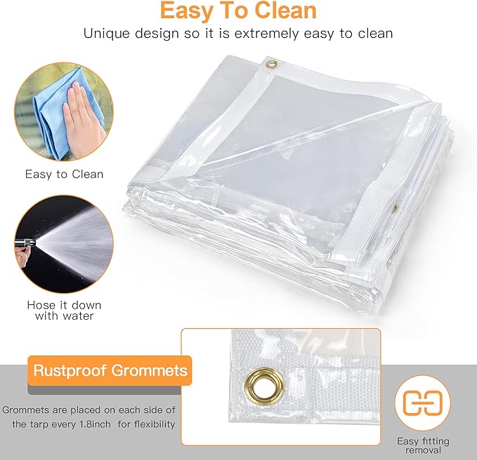 6 x 8FT Outdoor Clear Tarp Curtain Waterproof Wind-Proof 24 Mil Transparent Vinyl Tarp for Patio Pergola Garden Canopy Rainproof Anti-Tear PVC Thick Cover with Grommets