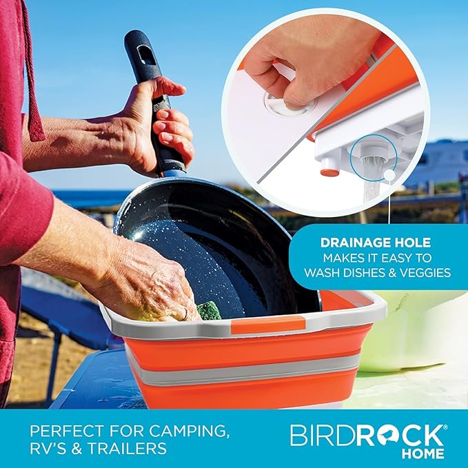 BIRDROCK HOME 2-pack Collapsible BBQ Prep Tub w/Cutting Board, Multi-Function Grill Caddy w/Colander & Lid, Portable Silicone Dish Bowl for Picnic, Tailgate, Camping (Orange, Large)