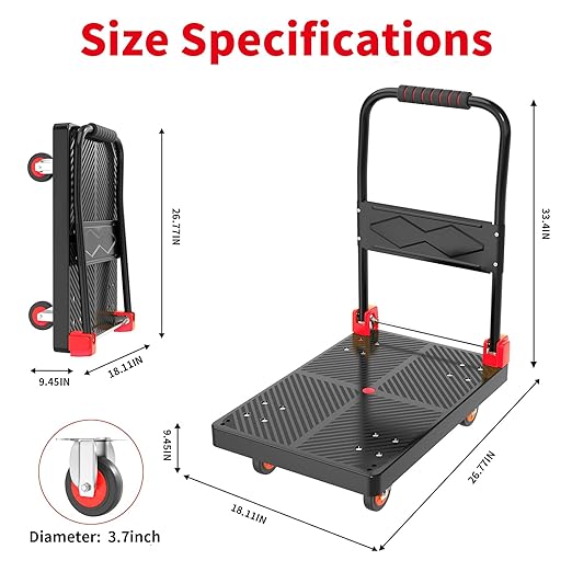 Push Cart Dolly - Foldable Heavy - Duty Flatbed Platform Cart with 360 - Degree Rotating Wheels for Moving in Food Truck and Trailer, Load Capacity 330 lbs, Black Red