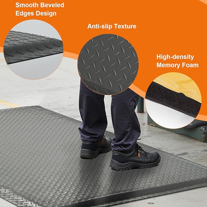 Nisorpa Anti Fatigue Mats Industrial 3' x 5' Ergonomic Standing Mat 15/16" Extra Thick Kitchen Mat for Standing Heavy Duty Commercial Diamond Plate - Safety Support for Leg & Back Pain,Grey