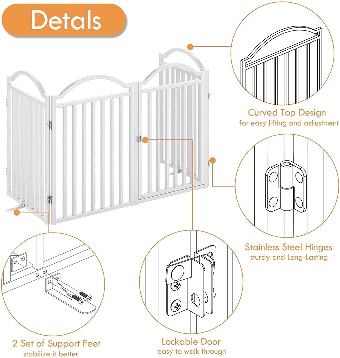 UDD Metal Folding Dog Gate Indoor 96" Extra Wide, 32" Tall Foldable Pet Gate with Door for Stairs Doorways Hallways Porch, Freestanding No Drilling Pet Fence for Dogs Puppy, White 4-Panel