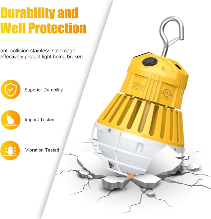 LED Temporary Work Light 80W, 10400LM 5000K Portable Hanging Construction Light with 10ft Cable Plug and Sturdy Hooks Linkable LED Work Light for Job Site Lighting, Workshop, Garage ETL Listed