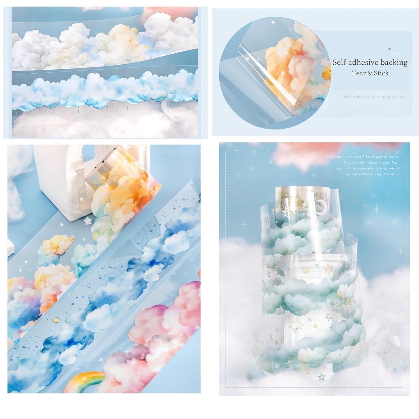 PET Tape Set for Journaling,6 Rolls Cloud Theme Washi Tape Stickers for Scrapbook Supplies,Notebook,Photo Album,Junk Journal,DIY Crafts(Fig. High in The Clouds)