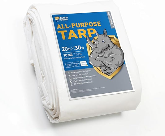 GUARD SHIELD Heavy Duty Tarp 20x30 Feet White Multi Purpose Thick Waterproof Poly Tarp Cover 10mil