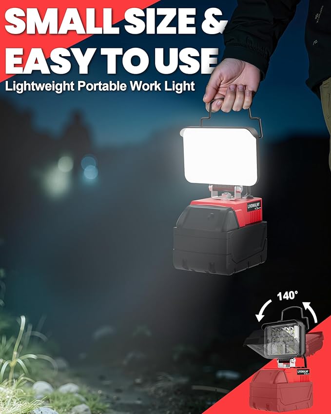 LIVOWALNY LED Work Light Compatible with Milwaukee Battery, 38W 3000 LM Portable Flood Light with Low Voltage Protection, USB & Type-C Output Port for Construction, Camping, Emergency, Bare Tool Only