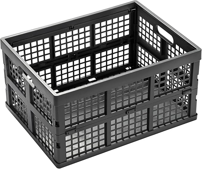 34L Large Plastic Folding Storage Crates,Collapsible Crates for Storage,Pack of 3 (Grey)
