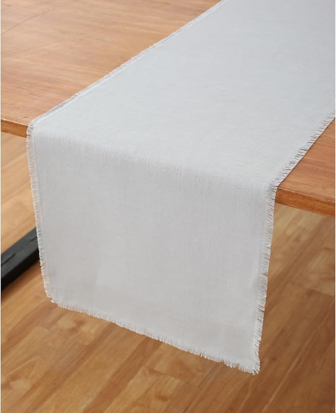 Solino Home Linen Light Grey Table Runner 108 Inches Long - Fringe, 100% Pure Linen Dining Table Runner 14 x 108 Inch for Spring, Easter - Handcrafted and Machine Washable