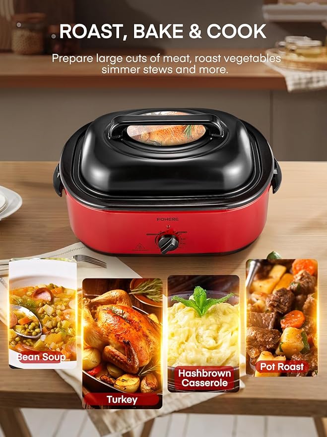 FOHERE 26QT Electric Roaster Oven with Visible & Self-Basting Lid, Large Turkey Roaster with Defrost & Warm Function, Adjustable Temperature Control, Removable Stainless Steel Pan & Rack, Red