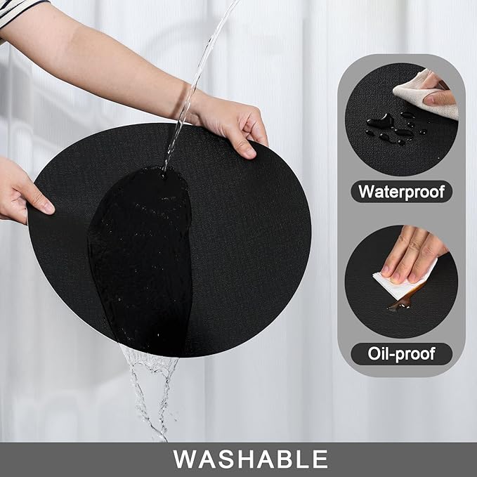 Myir JUN Round Placemats, Dual Sided Faux Leather Place Mats Set of 6 Indoor/Outdoor Non-Slip Washable Table Mats (Black, 6 Pack)