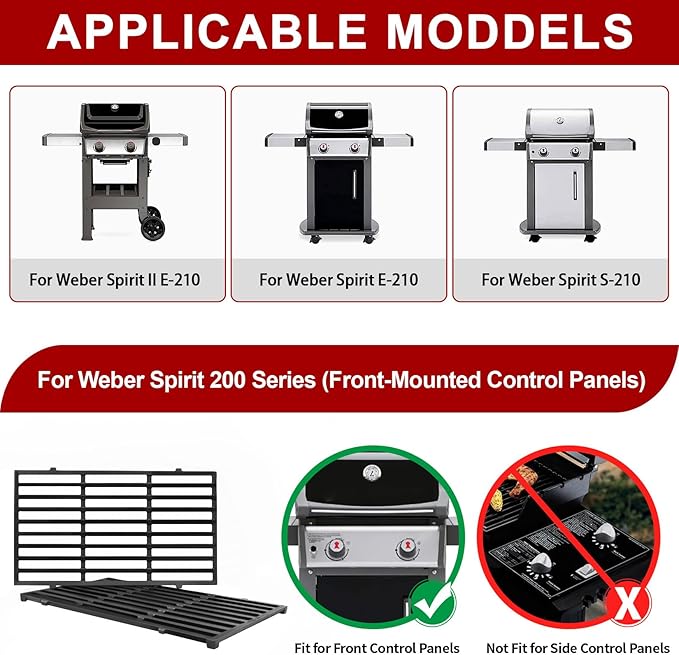 GasSaf 17.5 Grill Grates for Weber 7637 Spirit 200 E210 E220 S210 S220, GS4 Spirit II E-210 (Front-Knob), Cooking Grates Replacement Parts for Weber 2 Burner Gas Grills, 17.5 x 10.2 Cast Iron, 2-Pack