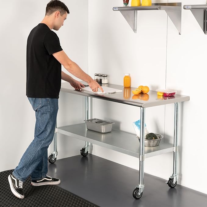 HARDURA Stainless Steel Table with Wheels 30 x 60 Inches Casters NSF Heavy Duty Commercial Work & Prep Table with Undershelf and Galvanized Legs for Restaurant Kitchen Bar and Hotel Garage