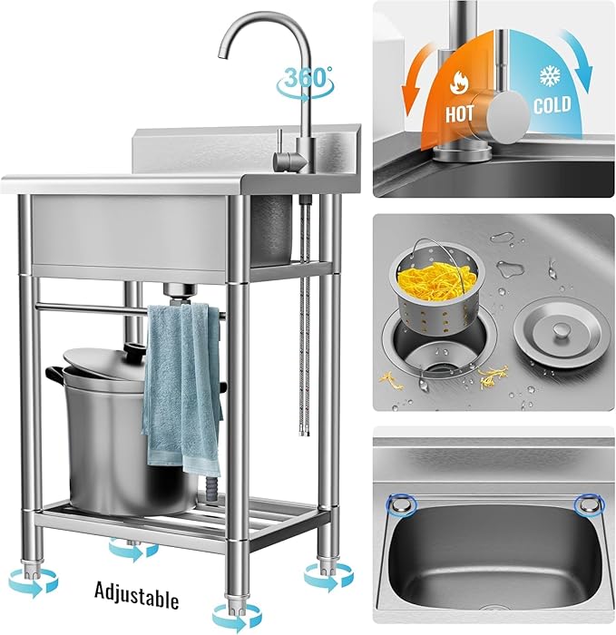 Utility Sink Free Standing Single Bowl Kitchen Sink with Cold and Hot Water Pipe Stainless Steel Sink for Laundry Room Bathroom Farmhouse