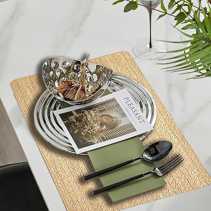 PIGCHCY Waterproof PVC Place Mats Set of 6, Non-Slip Faux Leather Placemats Rattan Pattern Surface Table Mats for Wedding/Birthday Party/Kitchen (18"x12", Golden Beige)