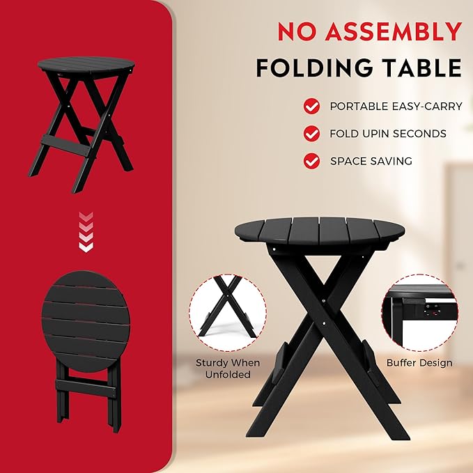 Costaelm Paradise HDPE Outdoor 24.5 Inch Round Portable Folding Patio Dining Table, Black
