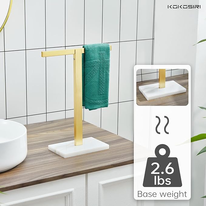 KOKOSIRI Hand Towel Holder Stand Towel Rack with Marble Base for Bathroom Kitchen Vanity Countertop, Gold Stainless Steel 15.7'' Height THS0002-SM-BG