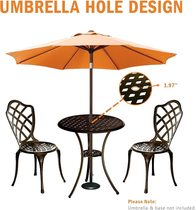 3 Piece Patio Bistro Set, Outdoor Bistro Table and Chairs Set of 2 w/Umbrella Hole, Rust-Resistant Cast Aluminum Bistro Set for Garden/Balcony/Backyard, Bronze
