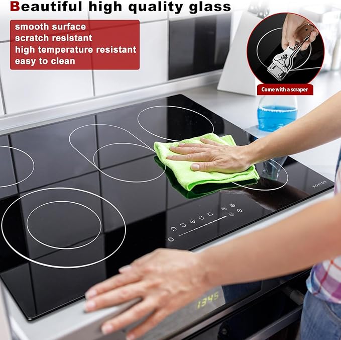 Noxton 30 Inch Electric Cooktop, 8400W 5 Burners Built-in Radiant Electric Stove Top, Slider Control, 9 Power Levels, Child Safety Lock, Timer, 220-240V