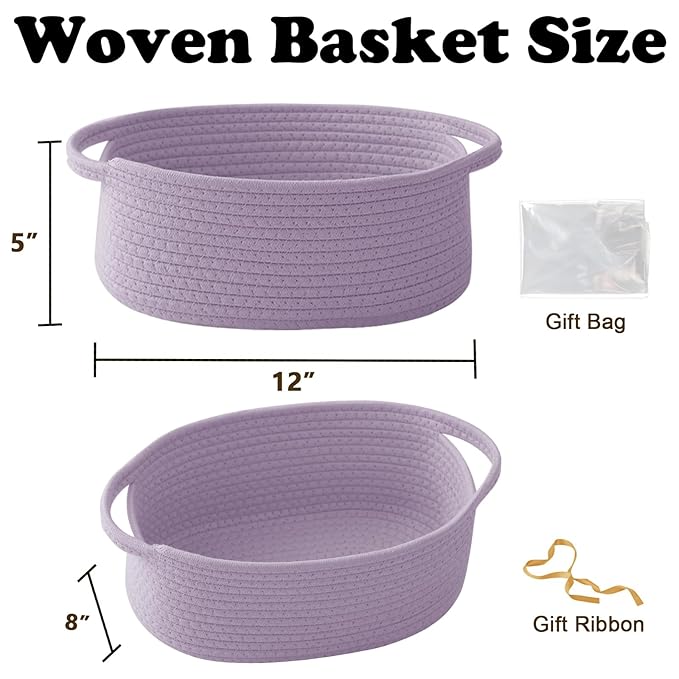 Gift Basket with Gift Bag and Ribbons,Small Rope Woven Shelf Storage,Baskets for Gifts Empty,Birthday,Baby Shower,Decorative Organizer Box with Handles(Purple)