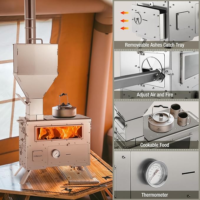 Wood Burning Stove with Oven - Portable Pellet Stove with Chimney Pipes, 304 Stainless Steel Outdoor Hot Tent Camping Stove for Winter, Hunting, Cooking, Hiking,Compatible with Wood/Pellets