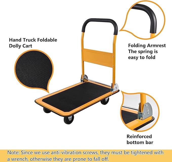 LEADALLWAY Foldable Push Cart Platform Cart 330lbs Capacity 4 Wheels 28.7x18.5x32.3inches Yellow Small Flatbed Cart