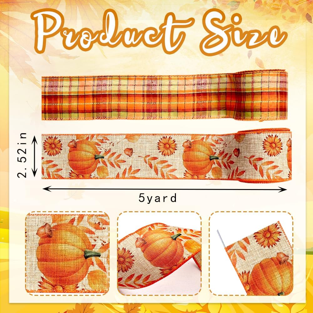 Threetols 2 Rolls 10 Yards Fall Wired Edge Ribbons, 2.5inch Orange Plaid Burlap Ribbons, Autumn Leaves Pumpkin Ribbon for Thanksgiving Party DIY Craft Fall Wreath Bow Decor