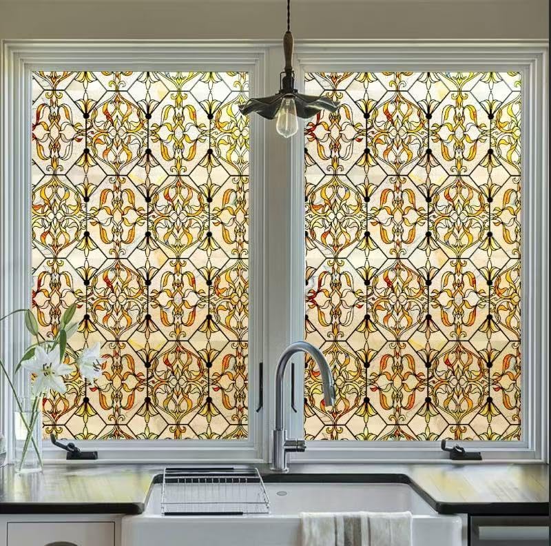 3D Stained Glass Window Privacy Film, Heat Control UV Blocking Static Cling Decorative Window Film for Bathroom,Front Door,Home Non Adhesive,GiltGaze 23.6 x 35.4 inches