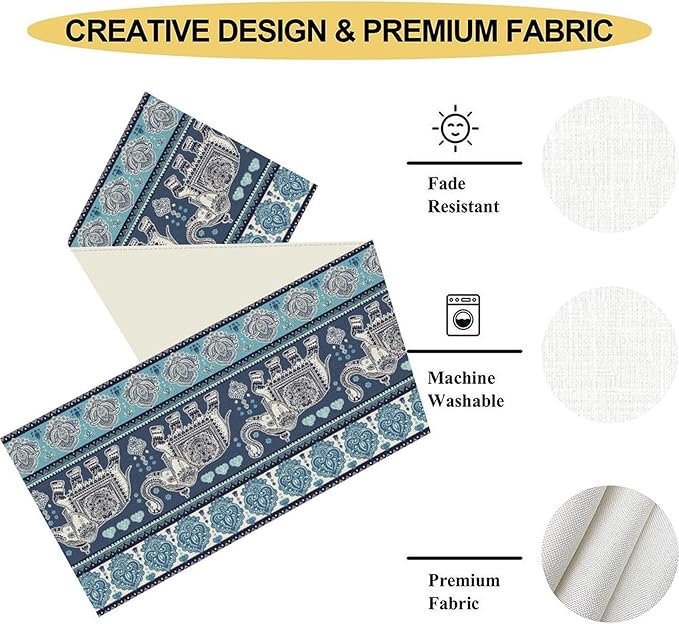 Boho Elephant Table Runner, Rustic African Tribe Animal Diwali India Damask Mandala Art Print Blue Coffee Table Center Decor for Home Kitchen Dining Holiday Party Outdoor Table Decorations, 13"x36"