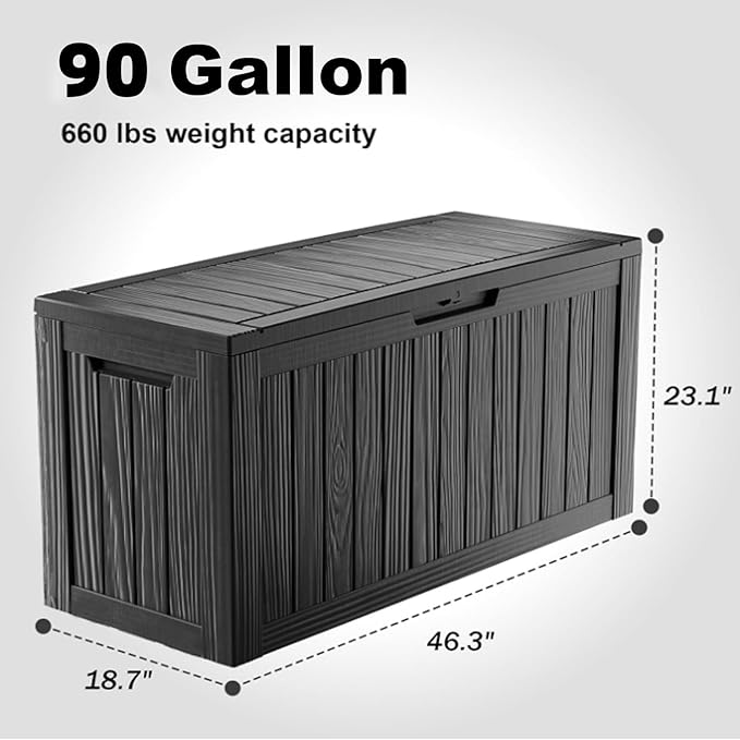 90 Gallon Waterproof Resin Deck Box, UV Resistant Outdoor Storage for Garden, Patio, Porch, Delivery, Striped Black