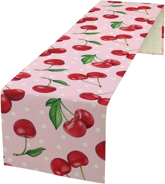 Red Cherry Table Runner, Tropical Fruit Polka Dot Print Table Runner for Birthday Party Dining Room Home Kitchen 13x60in