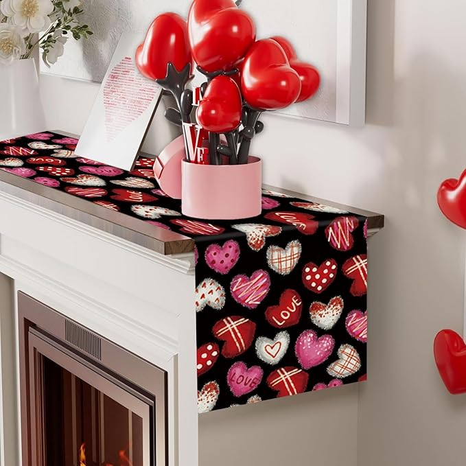 Valentines Day Decorations Table Runner Love Hearts Black Kitchen Dining Table Decor Holiday Anniversary Indoor Outdoor Party Suppies 72×13 Inch