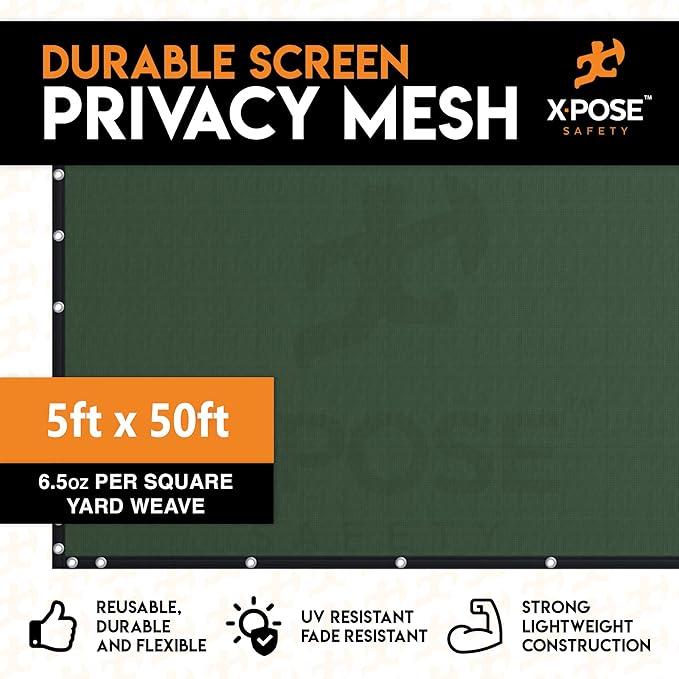 Xpose Safety Privacy Fence Screen 5’ x 50’ – Heavy Duty Green Mesh with 90% Visibility Block, UV Protection – for Garden, Yard, Nursery, Kennel, Dog Run, Greenhouse