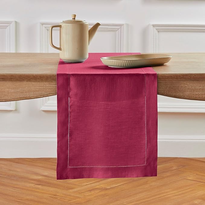 Solino Home Linen Beet Table Runner 108 Inches Long - 100% Pure Linen Hemstitch 14 x 108 Inch Table Runner for Dining, Valentines, Winter, Easter - Classic Hemstitch
