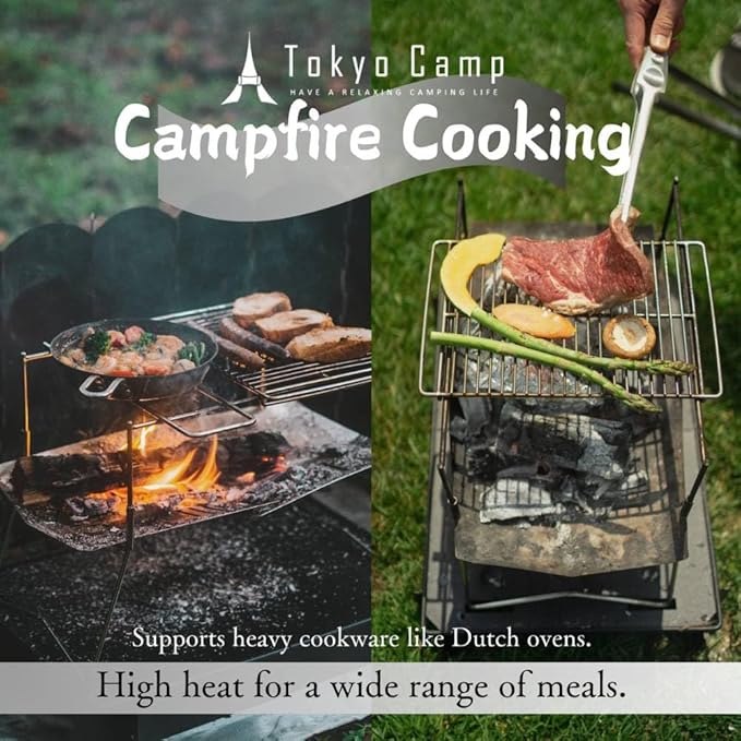 TokyoCamp HAKOSUKA Portable Fire Pit, Foldable Stainless Steel Wood Burning Stove, 11.9 x 8.5 x 10.6 in, Supports up to 44 lb Firewood, Lightweight Grill for Camping, BBQ & Bonfire