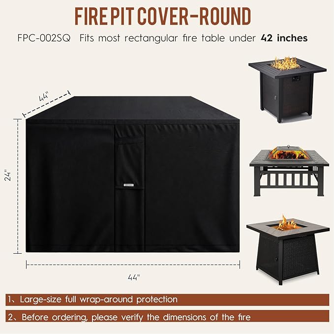 Outdoor Fire Pit Cover Square 44"L x 44"W x 24"H Heavy-Duty Waterproof 600d Oxford Fading Resistant Tear-Resistant Patio Gas Fire Pit Table Cover Coffee Table Cover