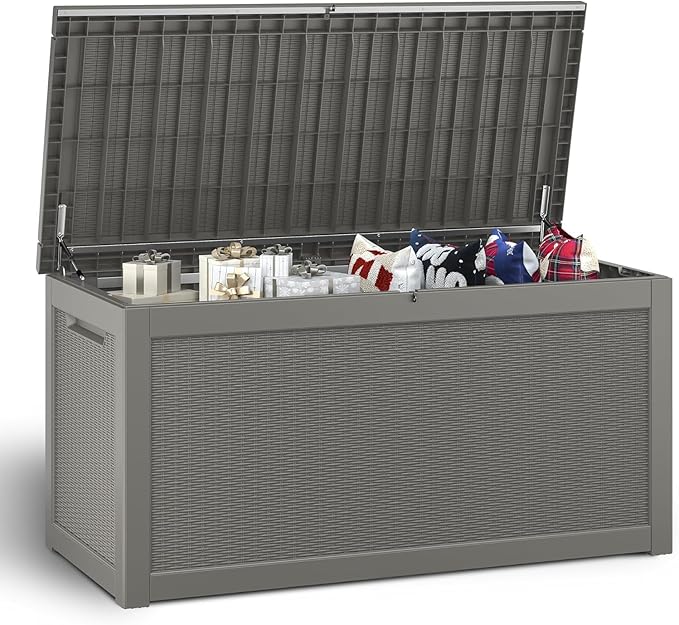 NUNU LAB Outdoor Storage Box, 320 Gallon Deck Box, Resin Waterproof Outside Storage Bench, Outdoor Storage Cabinet With Lockable Lid, Backyard Deck Box For Garden Tools, Patio Cushions, Grey
