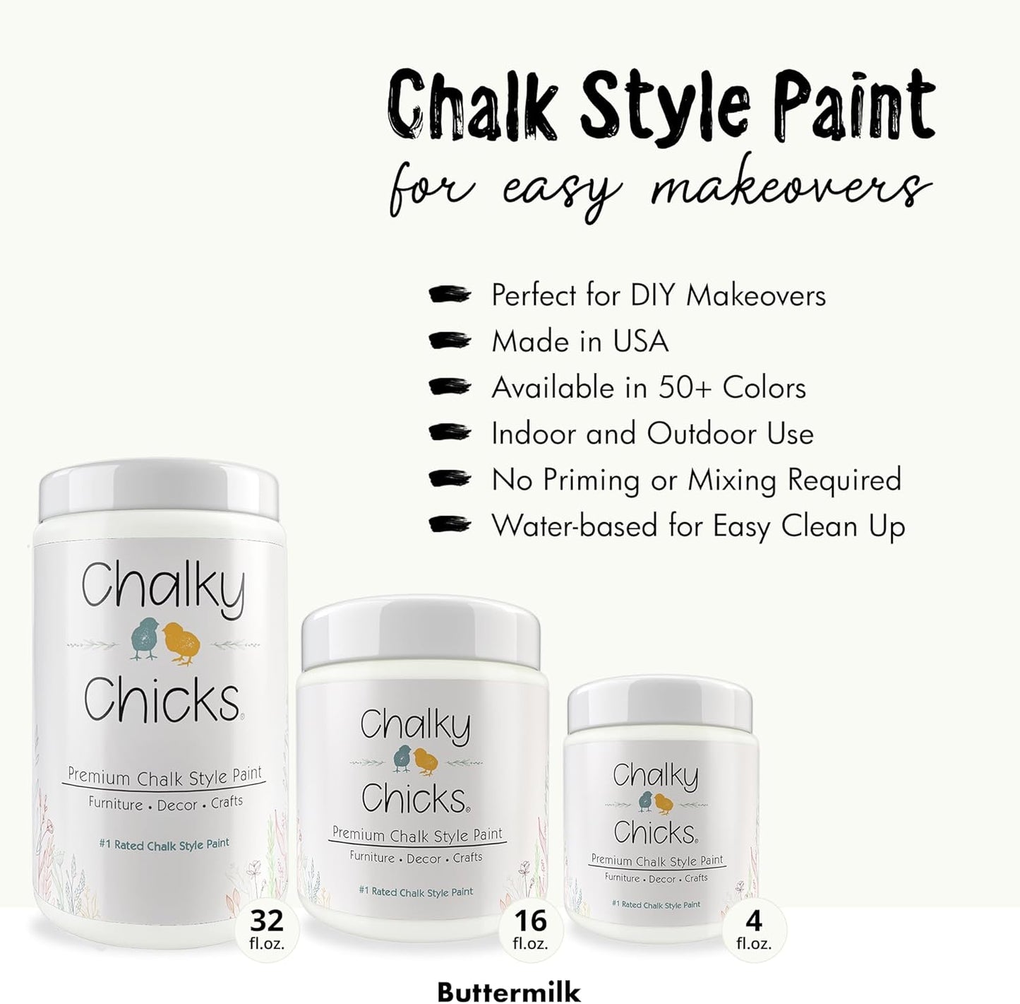 Chalky Chicks All-in-One Chalk Paint for Furniture or Cabinet - 16 Fl Oz - Matte Finish Buttermilk (White) for Metal, Wood Furniture Paint - No Sanding All-in-One for Home Decor & Crafts, USA Made