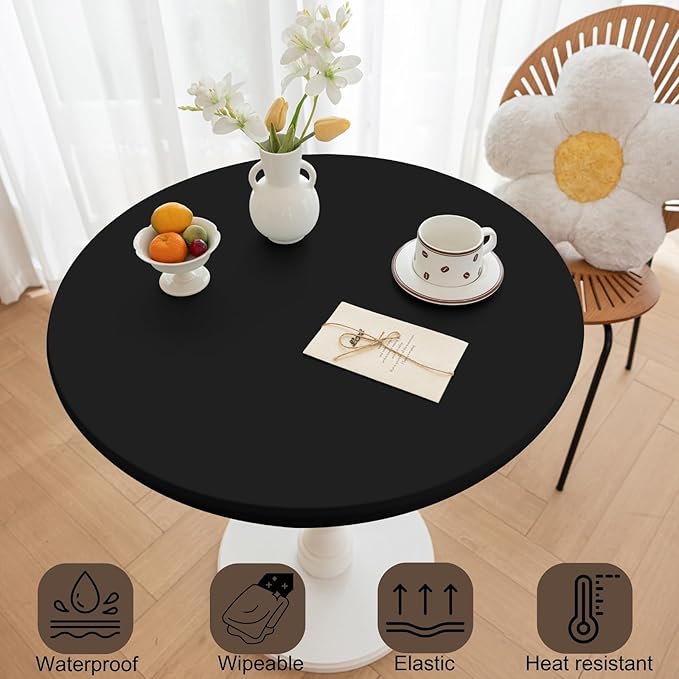 Round Fitted PU Tablecloth with High Elastic Edge 51 Inch Dia Waterproof Oil Proof Table Cloth Anti-Scald Stain-Resistant Wipeable Table Cover for Indoor Outdoor Picnic (Black,51" Dia)